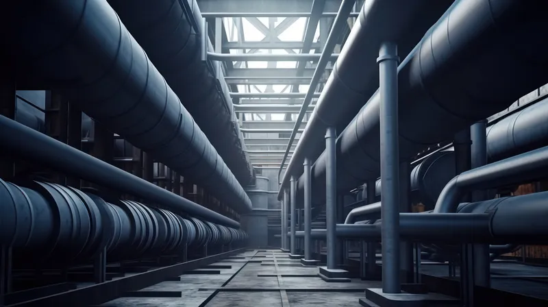 Стальное оборудование на фоне: трубы, газопровод, инженерные коммуникации