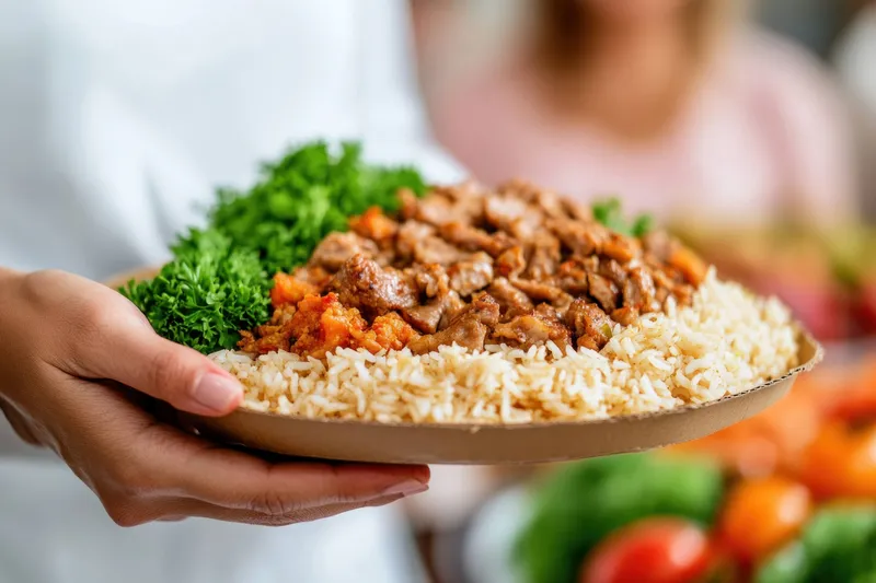 Красиво сервированное здоровое блюдо с рисом, сочным жареным мясом и свежей зеленью