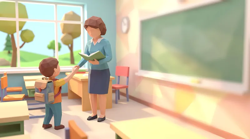 Low-poly 3D-иллюстрация студента, раскладывающего учебники в открытом шкафчике слева, с чистым пространством для текста на стене коридора справа для рекламных кампаний к началу учебного года