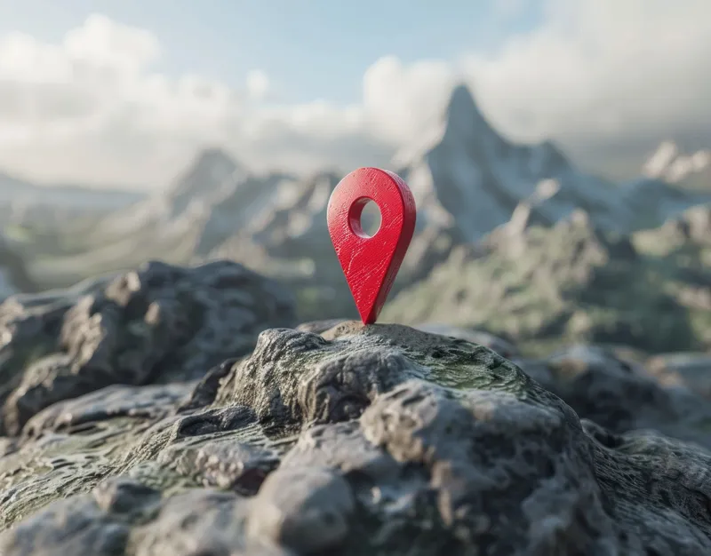 Красная булавка на вершине горной скалы в 3D-пейзаже