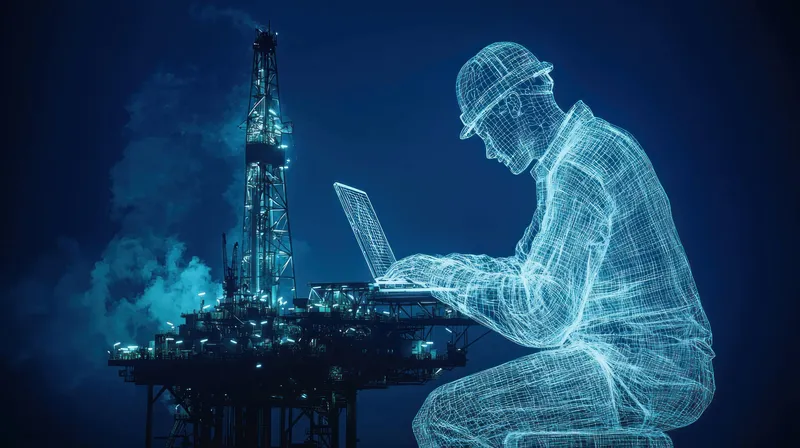 Цифровое каркасное изображение инженера за ноутбуком на фоне нефтяной вышки, подчеркивающее роль технологий в энергетическом секторе, устойчивом развитии и инновациях