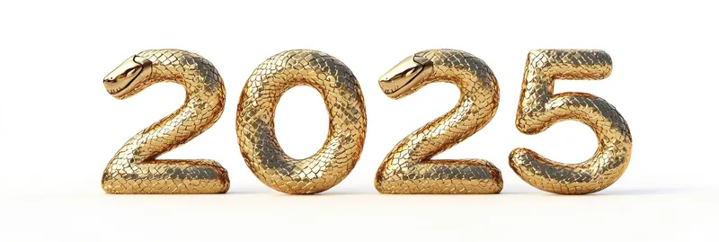 Блестящие золотые цифры 2025 в форме змеи, отражающие стремления к Новому году
