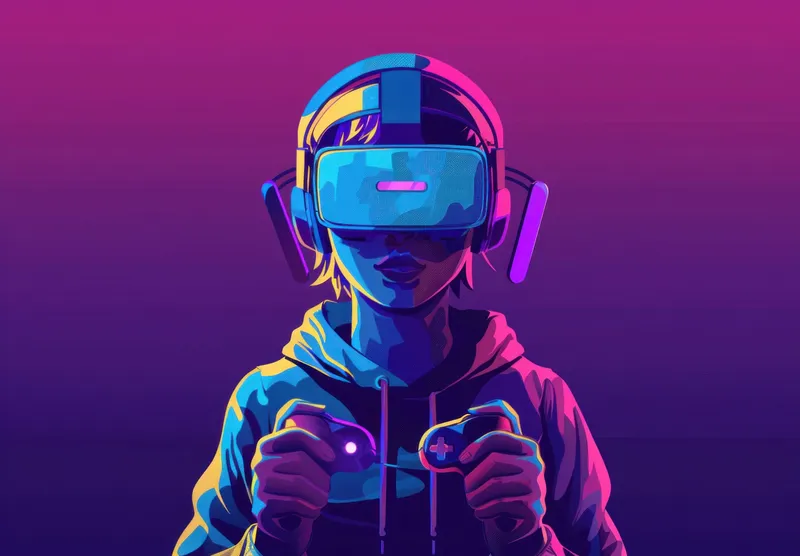Красочная иллюстрация ребёнка, играющего в виртуальную игру с VR-шлемом и контроллерами