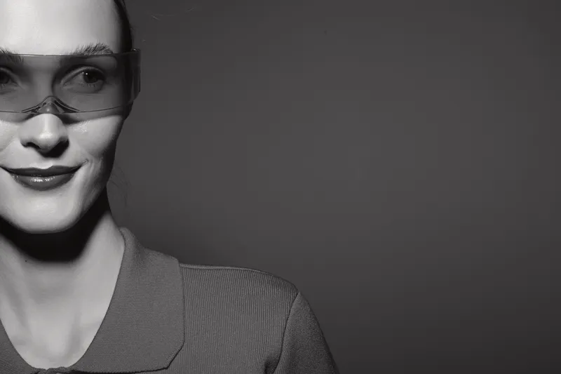 Portrait of a smiling caucasian woman with light skin wearing transparent protective glasses and a casual top on dark grey background. Concept for safety, eyewear, and positive attitude.