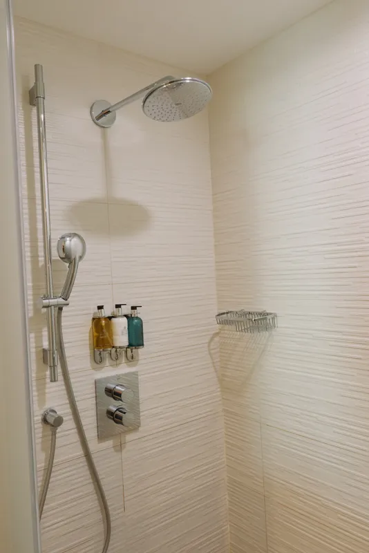 Shower with rainfall head and handheld wand, chrome fixtures, bottles on the wall, clean tiled bathroom, modern design, spa vibe, and refreshing rinse in a bright interior