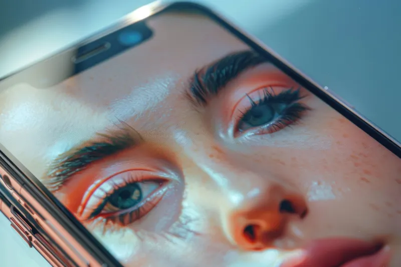 Крупный план лица женщины на экране iPhone с закрытыми глазами