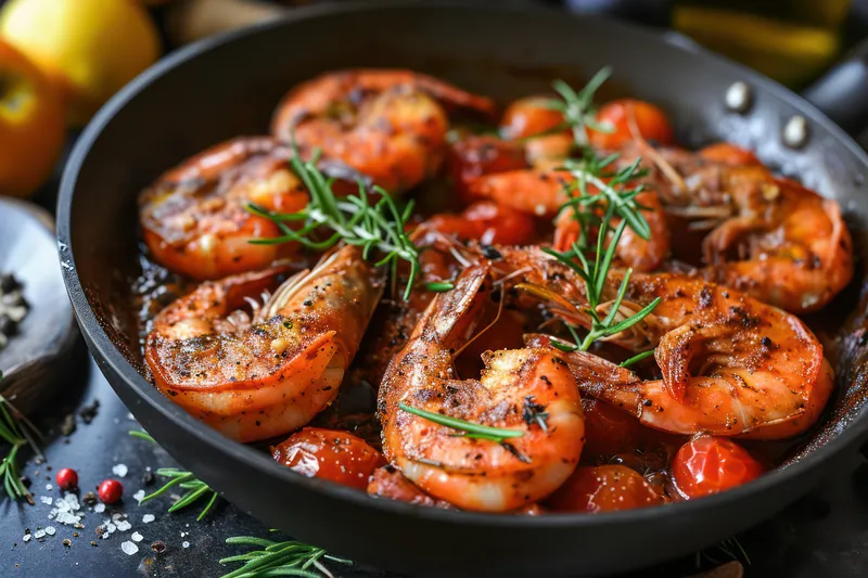 Вкусные жареные креветки с чесночно-лимонным соусом на тарелке для гурманов: вкусная и полезная закуска из морепродуктов в средиземноморском ресторане