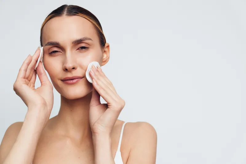 Relaxed woman cleansing her face with cotton pads, soft lighting, minimal makeup, serene expression, clean background, skincare routine moment, fresh natural vibe, everyday self care vibe