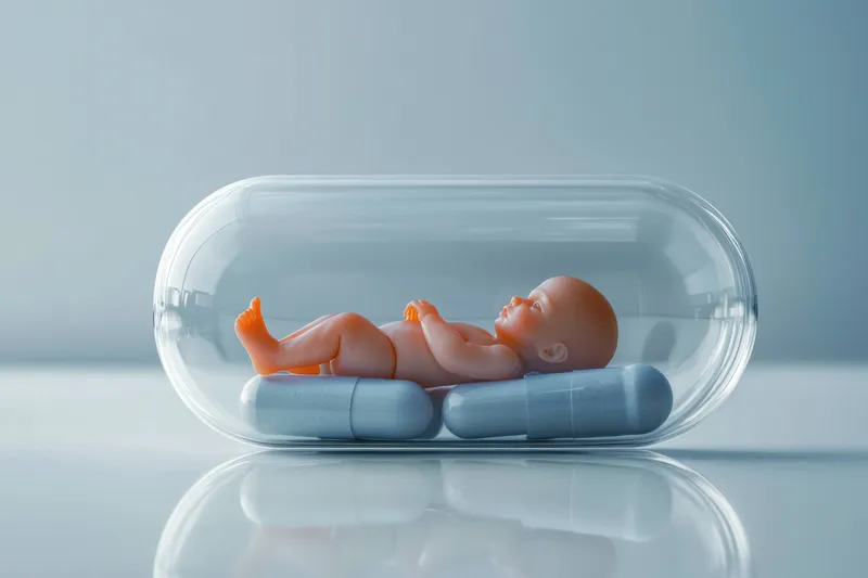 Фигурка младенца, лежащая внутри прозрачной капсулы на гладком белом фоне, демонстрирующая темы здравоохранения, благополучия и современной медицины