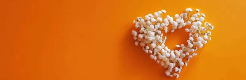Креативная композиция из нежных белых цветов в форме сердца на ярком оранжевом фоне