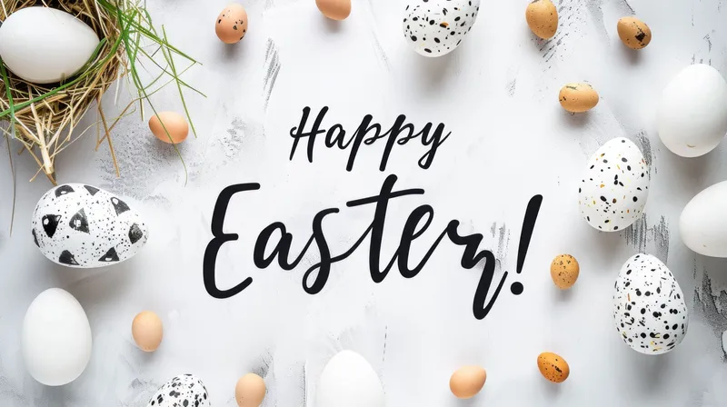 Разноцветные пасхальные яйца и зеленая трава на белом фоне с текстом Happy Easter