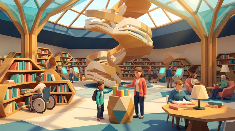 Инклюзивный атриум библиотеки в стиле low-poly: вымышленные читатели, библиотекарь, книжные полки, каталоговые киоски и лестница в виде раскрытой страницы