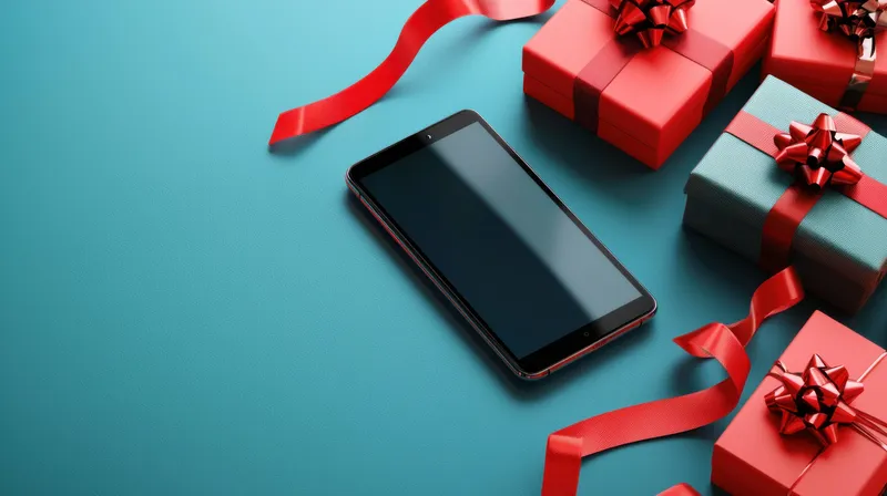 Изящный смартфон лежит на бирюзовом фоне в окружении красиво упакованных рождественских подарков с бантами
