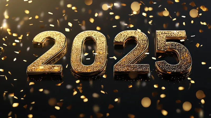 Мерцающие золотые цифры 2025 на черном фоне в окружении ярких конфетти — идеальный вариант для новогодних праздников и вечеринок
