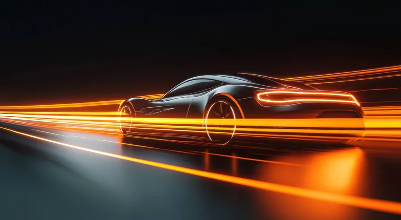 Стильный черный спортивный автомобиль со светящимися оранжевыми световыми полосами, символизирующий скорость и производительность на темном шоссе