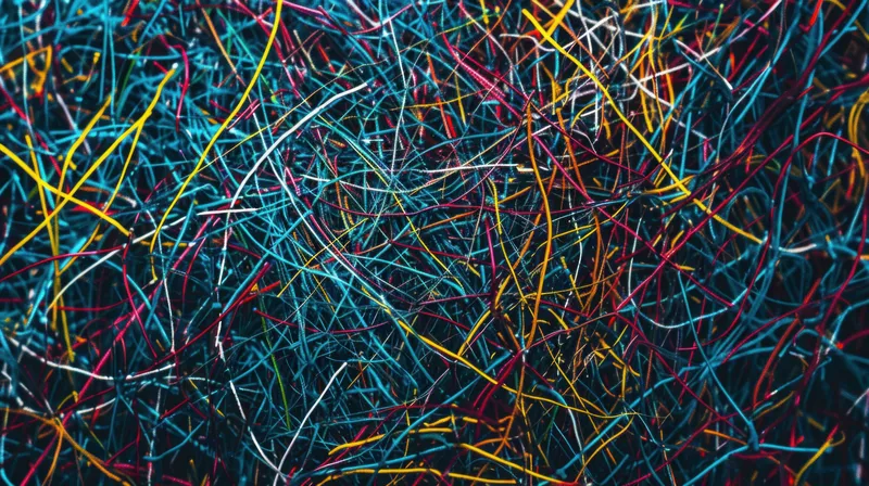 Завораживающая композиция из переплетенных разноцветных нитей на темном фоне, демонстрирующая художественную сложность