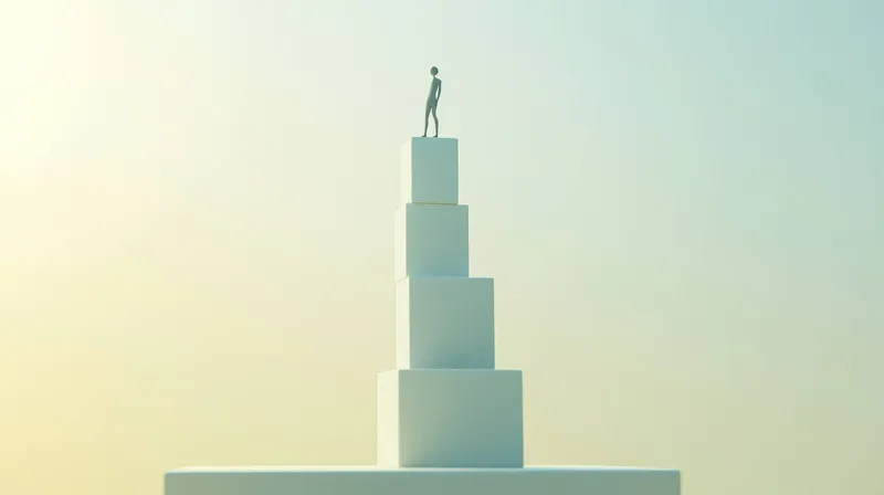 Эта впечатляющая 3D-работа изображает одинокую фигуру на белых составных блоках на фоне мягкого градиентного неба, олицетворяя достижение, стремление и минимализм