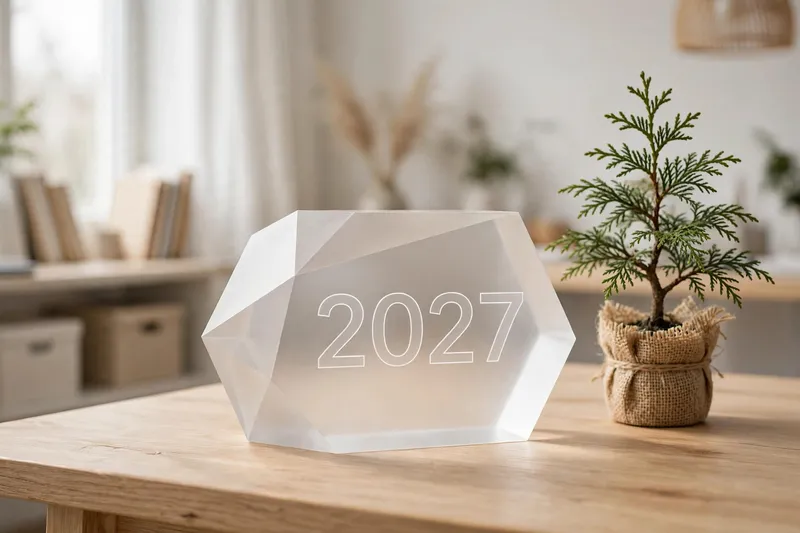 Стеклянный многогранник с числом 2027 и маленькая ёлочка на деревянном столе