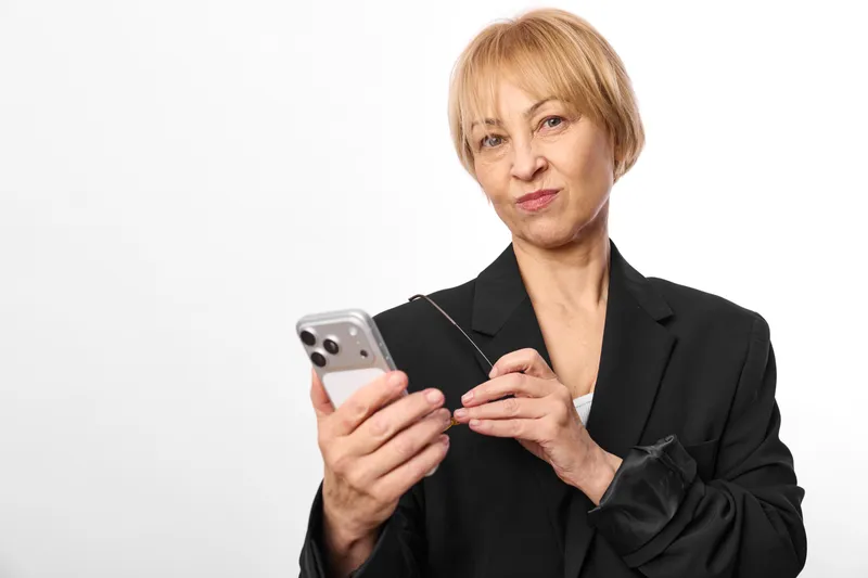 Senior woman in black blazer holding smartphone, calm serious expression, using communication technology, hand gesture near phone, isolated on white background, studio portrait