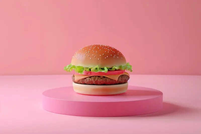 Вкусный гамбургер на розовом столе на фоне розового цвета для концепции еды и образа жизни
