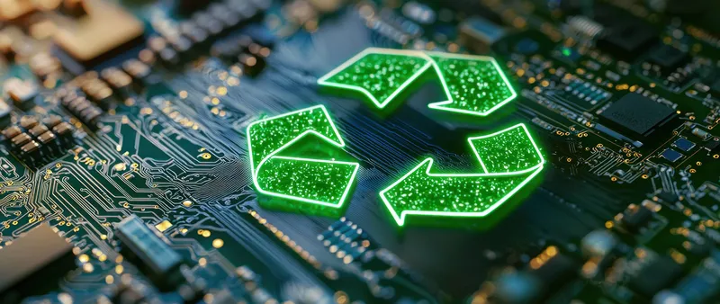Броский зеленый символ переработки на детализированном фоне печатной платы, подчеркивающий пересечение технологий и экологической устойчивости