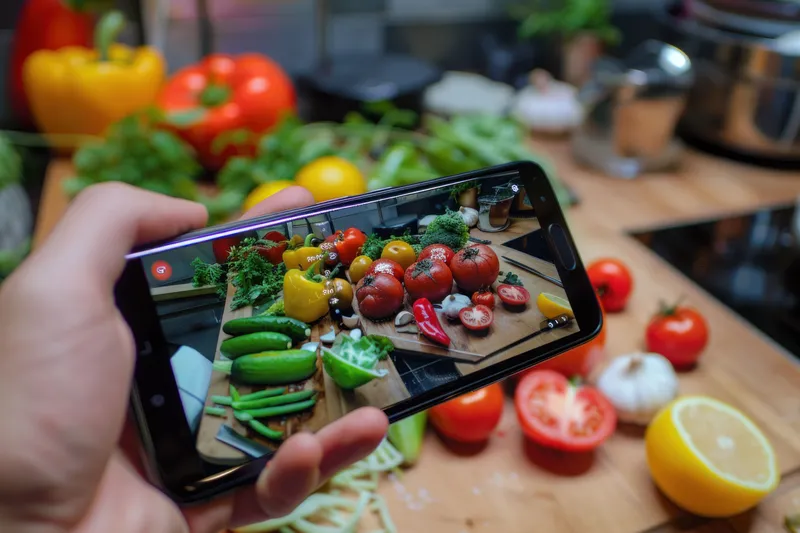 Натюрморт с овощами, снятый человеком с помощью камеры смартфона на кухонном столе