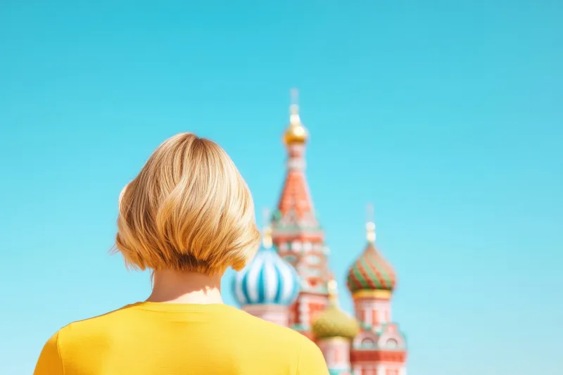 Молодая женщина с короткими светлыми волосами стоит лицом к собору Василия Блаженного в Москве, представляя яркую городскую сцену, наполненную уникальной архитектурной красотой и ощущением приключения