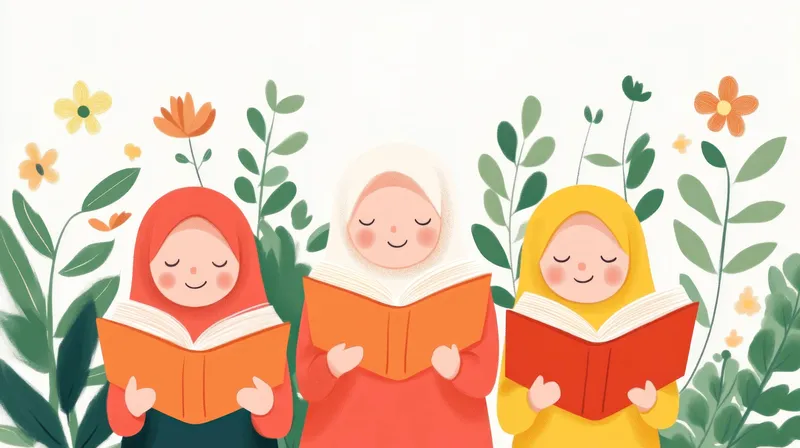 Три радостные женщины в платках читают книги в красочном цветочном окружении, прославляя образование, дружбу и культурное разнообразие