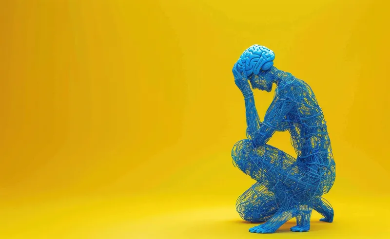 Грустная женщина сидит на земле, закрыв лицо руками, в 3D-модели о депрессии и психическом здоровье