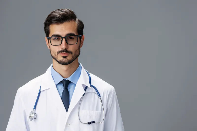 Серьезный мужчина-врач в белом халате, очках и со стетоскопом смотрит в камеру на сером изолированном фоне