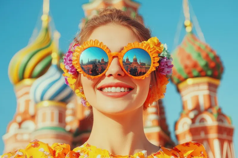 Веселая женщина в ярком цветочном наряде и солнцезащитных очках улыбается на фоне знаковых разноцветных зданий, передавая суть летней радости и культурного наследия