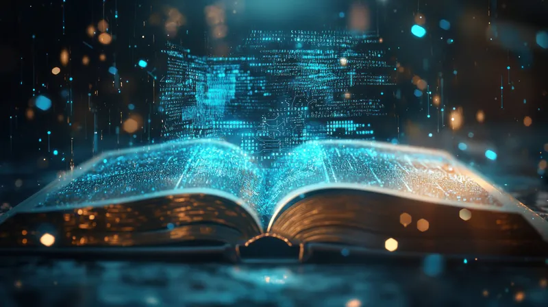 Завораживающая открытая книга, окруженная светящимися цифровыми эффектами, символизирующая слияние литературы и передовых технологий в мистической синей среде