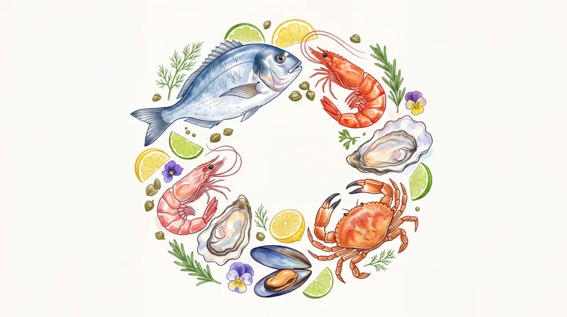 Элегантная композиция из морепродуктов с рыбой, моллюсками, цитрусовыми и травами в современном редакционном стиле