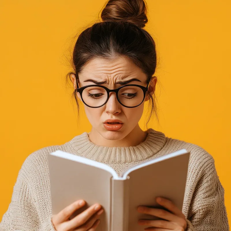 Молодая женщина в очках удивлена, читая книгу, она одета в уютный свитер на фоне ярко-желтого фона, что демонстрирует любопытство и увлеченность чтением