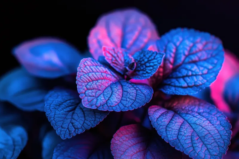 Атмосферный снимок декоративного растения в холодных тонах с мягким освещением, подходящий для ботанического дизайна, фонов или креативного повествования в пространствах, вдохновленных природой