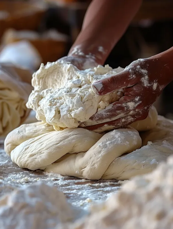 Руки месят тесто на деревянном столе с мукой