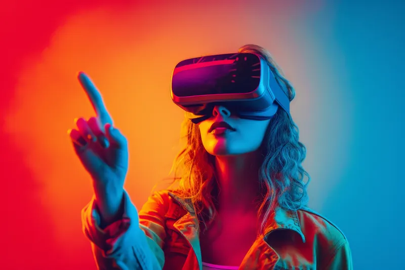 Опыт виртуальной реальности: женщина в очках VR на фоне ярких оранжевого и синего цветов