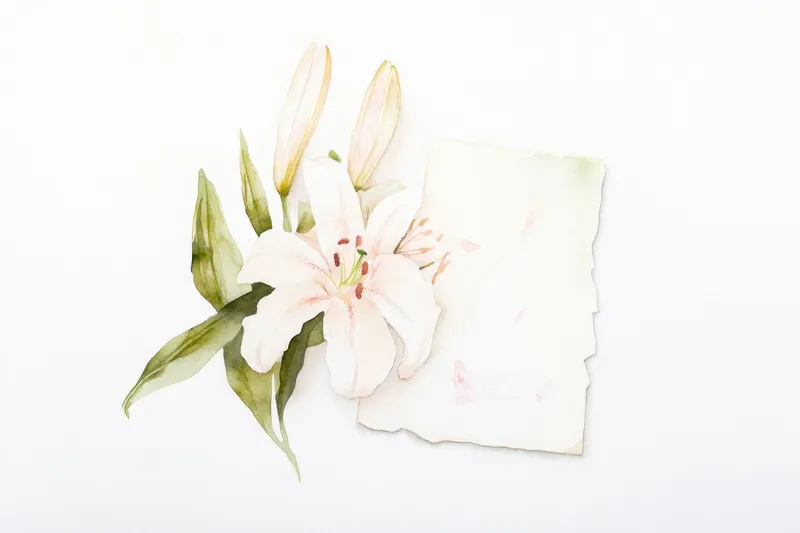 Нежные белые лилии с зеленой листвой на светлом фактурном фоне, идеально подходят для цветочных тем, свадебных приглашений и художественных дизайнов, вызывающих ощущение элегантности и простоты