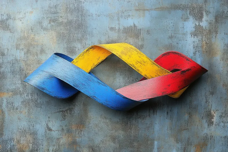 Художественное изображение разноцветных перекрученных лент синего, желтого и красного цветов на текстурированном фоне, идеально подходящее для творческих и художественных тем