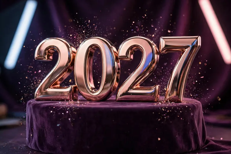 3D-рендер золотых цифр 2027 на фиолетовом подиуме с блёстками