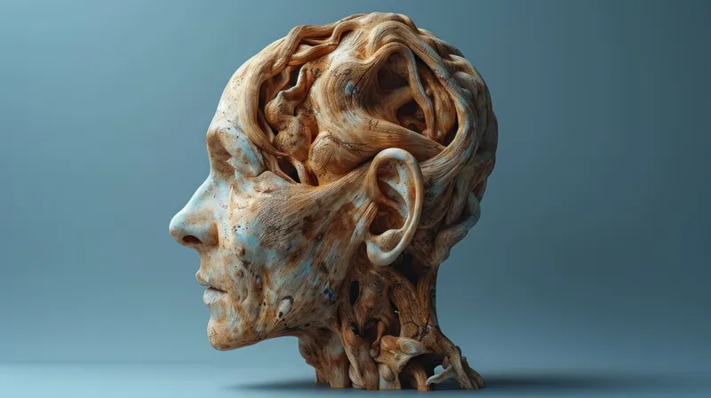 3D-модель головы и шеи человека в деревянном корпусе с тщательной детализацией и текстурой на изолированном фоне