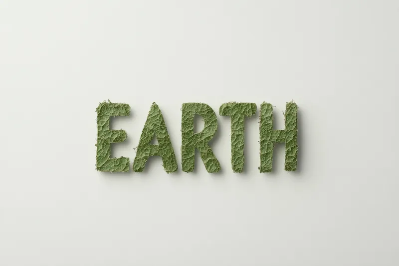 Текст EARTH, выполненный из травы, олицетворяет экологическую сознательность, устойчивость и защиту природы на минималистичном белом фоне, передавая свежую и зеленую концепцию
