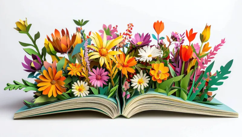 Художественное изображение книги, из которой высыпаются красочные бумажные цветы, отражающее темы творчества, природы и художественного самовыражения