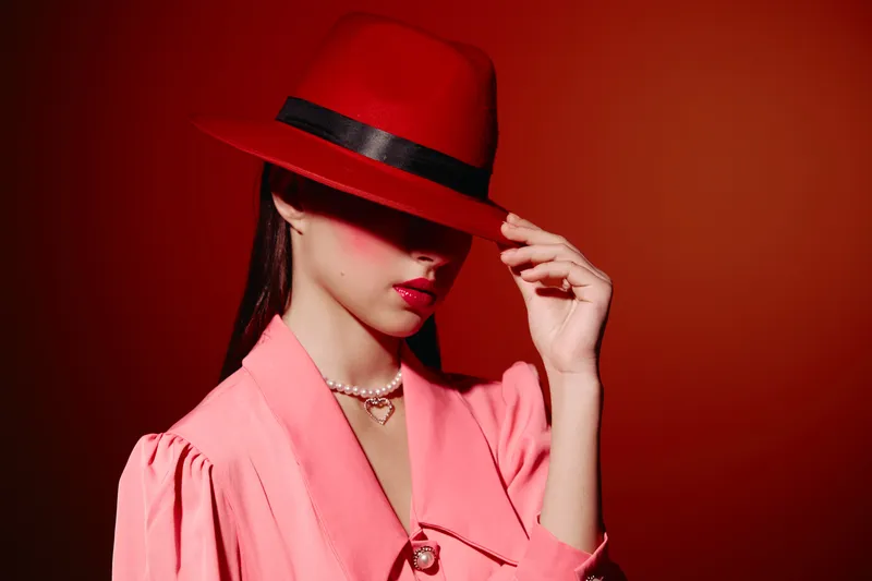 Fashionable woman in a red hat and pink blazer poses against red background. Dramatic lighting highlights chic style makeup pearls and a sophisticated mysterious mood.