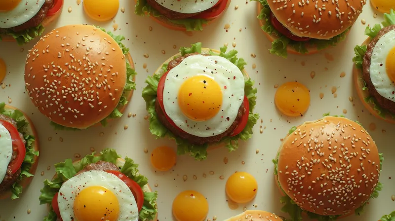 Вкусные гамбургеры с жареным яйцом сверху, красиво разложенные на белой поверхности, готовые к употреблению