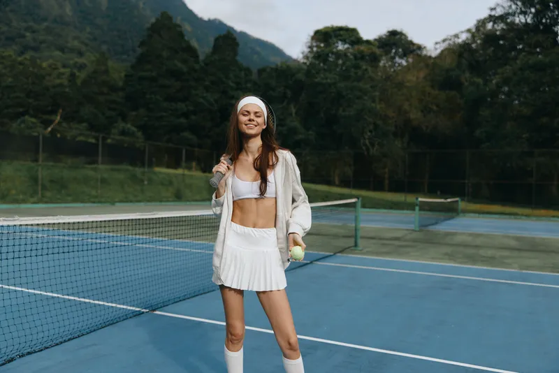Young athletic woman in a white tennis outfit smiling on a tennis court, with green mountains and a blue sky in the background, showcasing active lifestyle and outdoor sports