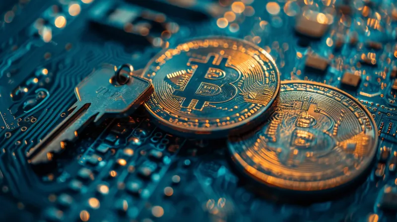 Концепция криптовалюты: биткоин и ключ на электронной монтажной плате с эффектом боке и фоном цифровых технологий