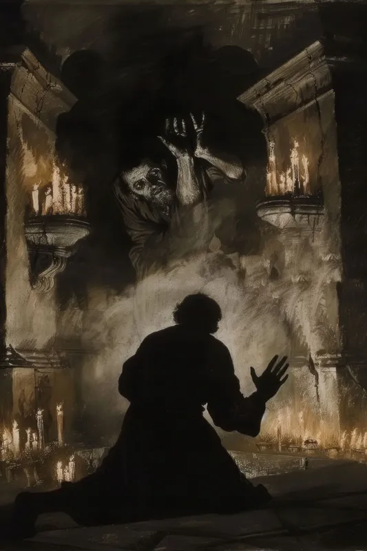 Темная, атмосферная сцена с фигурой, молящейся на коленях