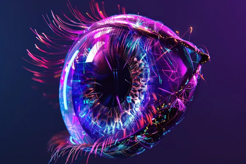 Яркий синий свет исходит из 3D-глаза на фиолетовом фоне с освещенной радужкой и зрачком