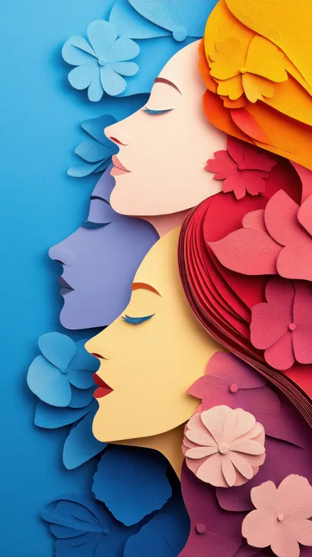 Яркая иллюстрация в технике бумажного вырезания, изображающая женские профили, переплетенные с цветочными элементами, символизирующая красоту, женственность и природу в красочной композиции